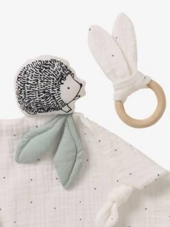 Doudou Carré En Coton Bio* Et Polyester + Hochet Rond LOVELY NATURE Blanc Moyen Uni Avec Decor - Vertbaudet -Promos Jouets Boutique doudou carre en coton bio et polyester hochet rond lovely nature 2