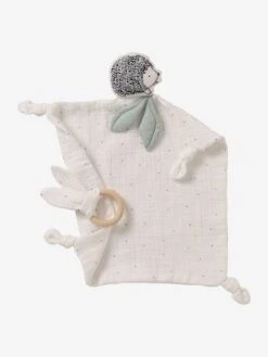 Doudou Carré En Coton Bio* Et Polyester + Hochet Rond LOVELY NATURE Blanc Moyen Uni Avec Decor - Vertbaudet